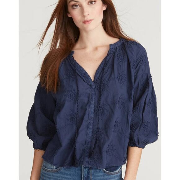 Driftwood Women's Small Navy Blue Eyelet Embroidered Floral Puff Peasant Blouse - Picture 1 of 10